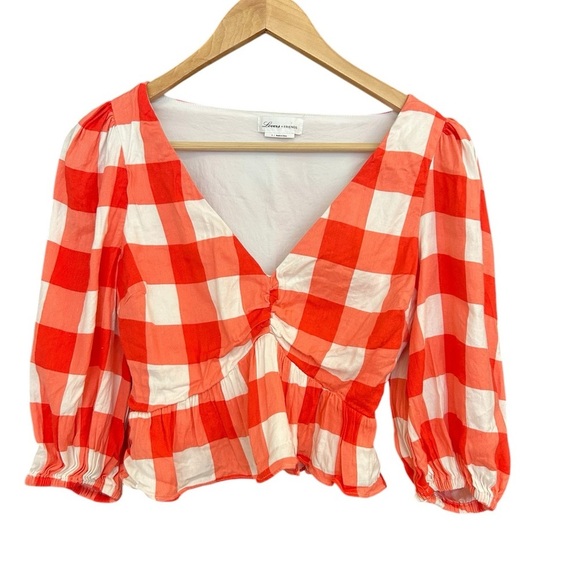 Lovers + Friends NWOT Sz. S (Revolve) gingham crop linen blend lined blouse - Picture 2 of 16